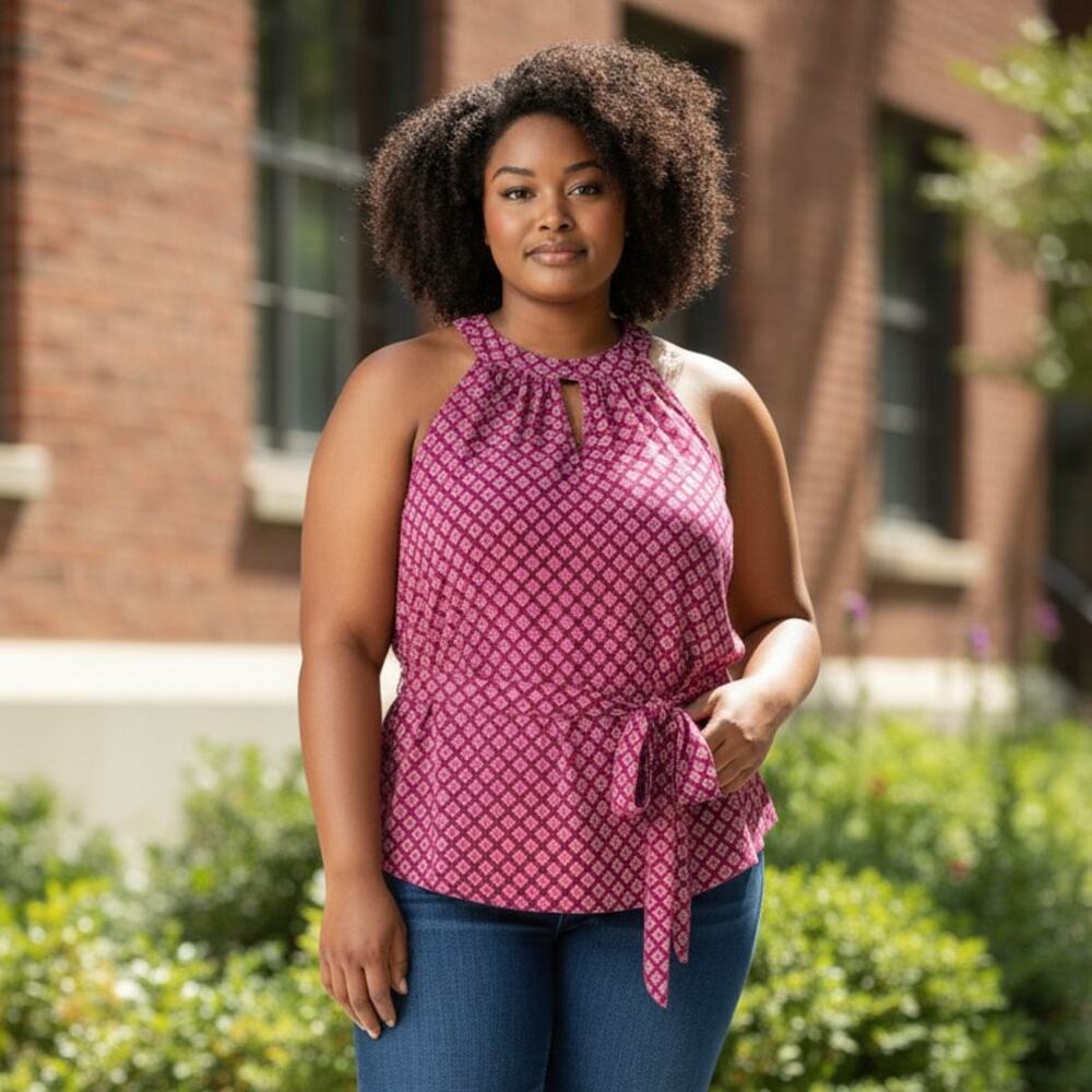 Lane Bryant Tank Top Womens 18/20 Plus Pink Halter Keyhole Belted Stretch Jersey